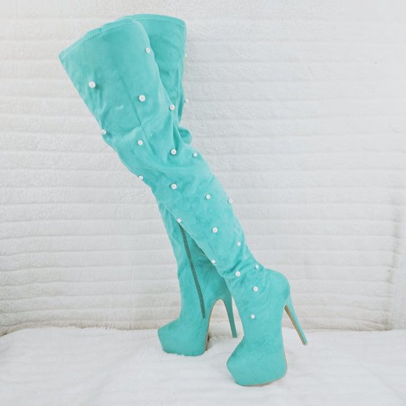 Mint Green Faux Stretch Suede Platform High Heel Thigh High Boots - Picture 14 of 16